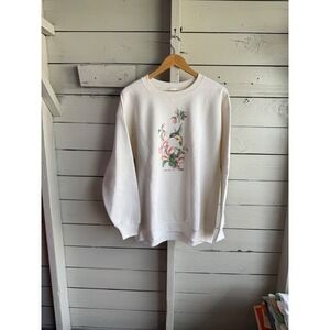Vintage 90s Coffee Hummingbird Flower Sweatshirt XL White Made in USA Nature Art